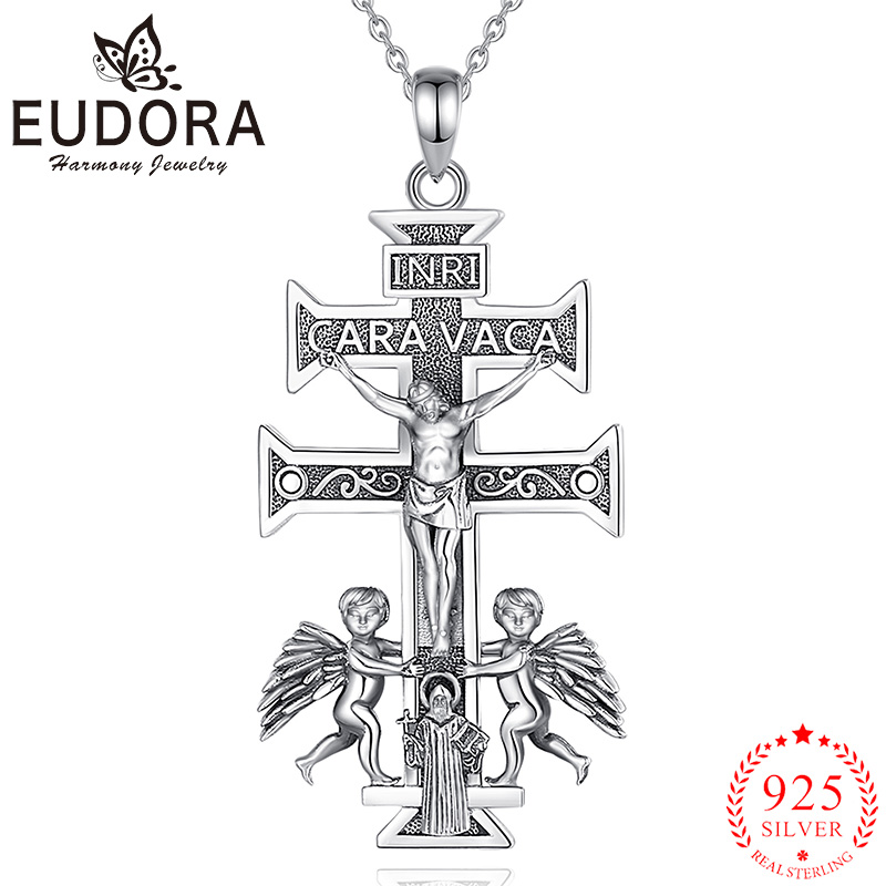 925 Sterling Silver Chain Necklace Men - 男性と女性のためのEudora-925スターリングシルバークロスネックレス,宗教的なお守り,カラバカペンダント,パーソナリティジュエリー,ベネディクトの聖人