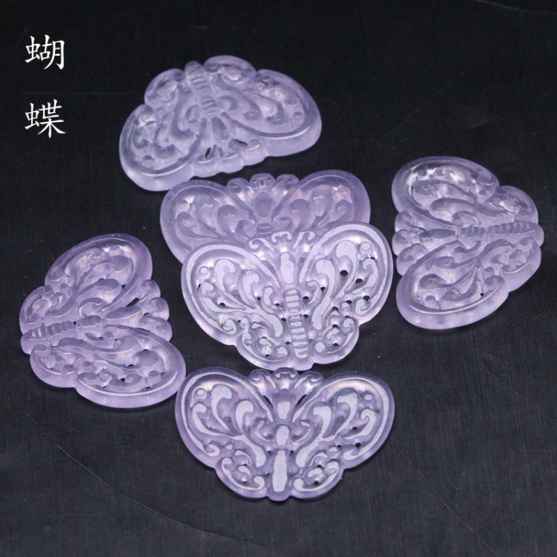 Earrings - 2pc ナチュラルパープルヒスイ中空ビーズ蝶ペンダント翡翠エメラルド DIY イヤリングネックレスジュエリーファッションアクセサリー