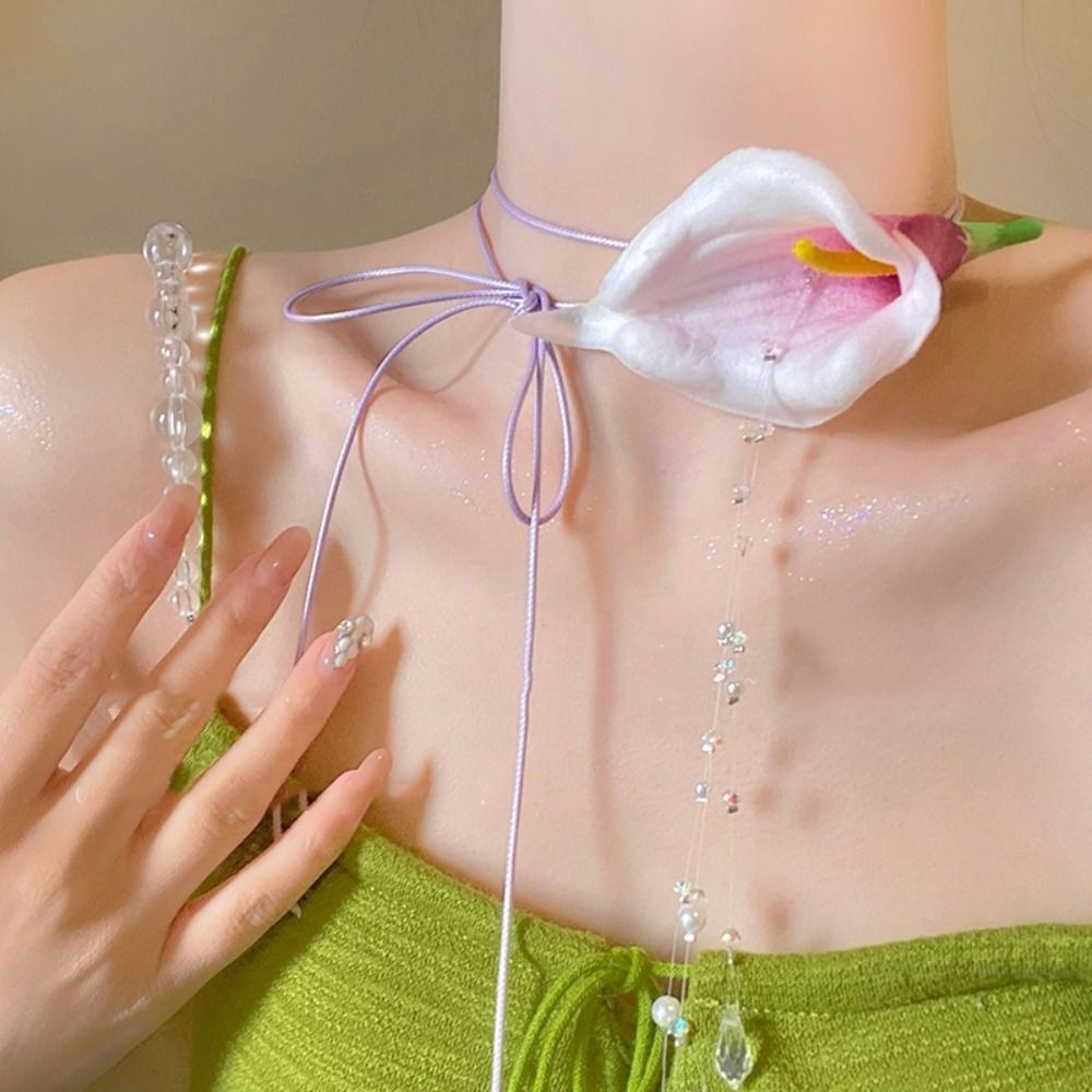 Pearl Choker Necklace Vintage - ファッション誇張オランダカイウユリビーズペンダントヴィンテージエレガントな韓国スタイルワックスロープペンダントタッセルフラワーチョーカーネックレス