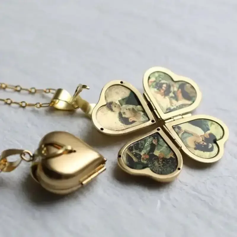 Heart Locket Necklace Photo - ヴィンテージネックレス折りたたみ式多層ハートファミリーロケット、写真入りパーソナライズ、四つ葉のクローバーペンダント、ファッションジュエリー