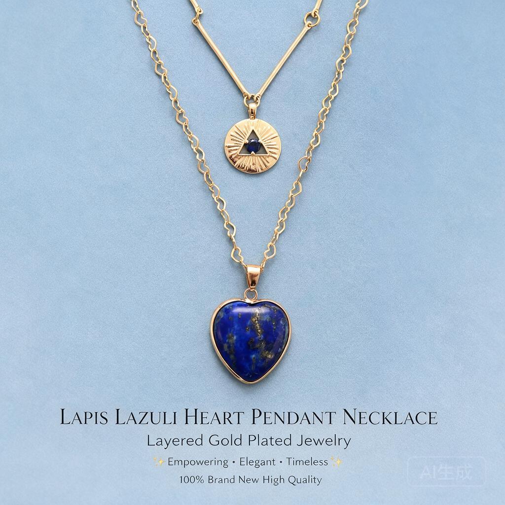 Layered Pendant Necklace Aesthetic - 重ね付けできるネックレス、天然石のハート型ペンダント、ゴールドトーンのサンバーストチャーム、ラピスラズリ、タイガーアイ、おしゃれなペアジュエリー、ギフト。
