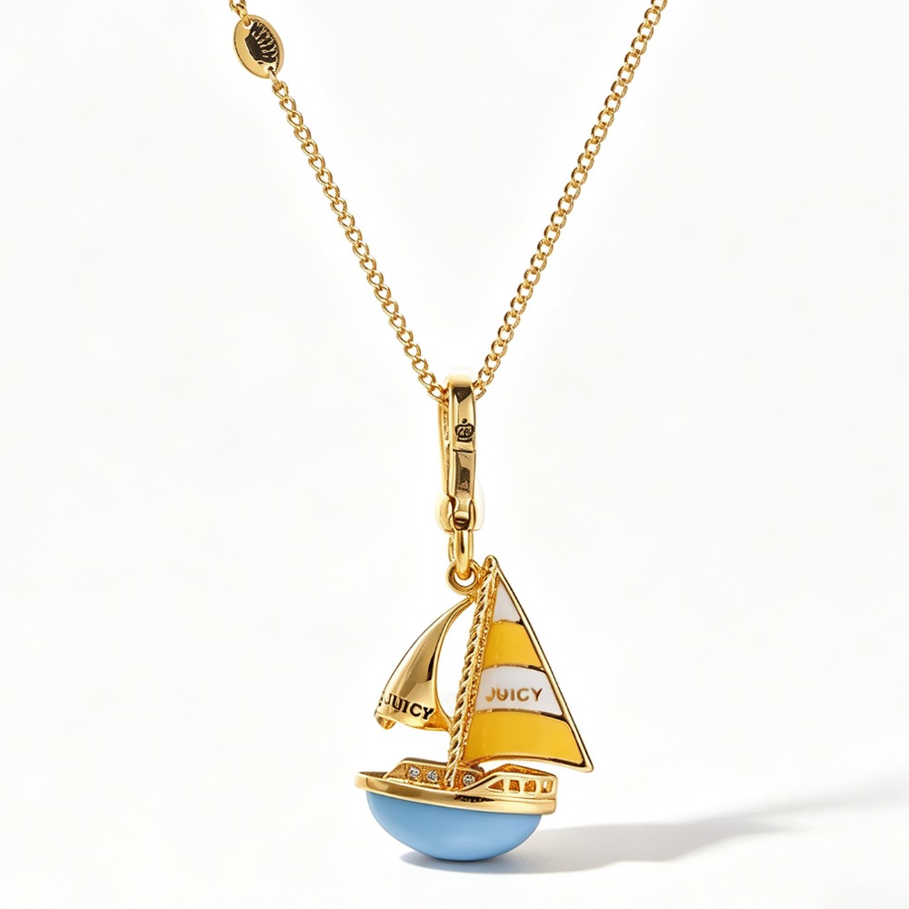 上品なエナメル加工のブルーの帆船ペンダントネックレス。イニシ - Initial Letter Necklace 18K Gold のレビューと価格