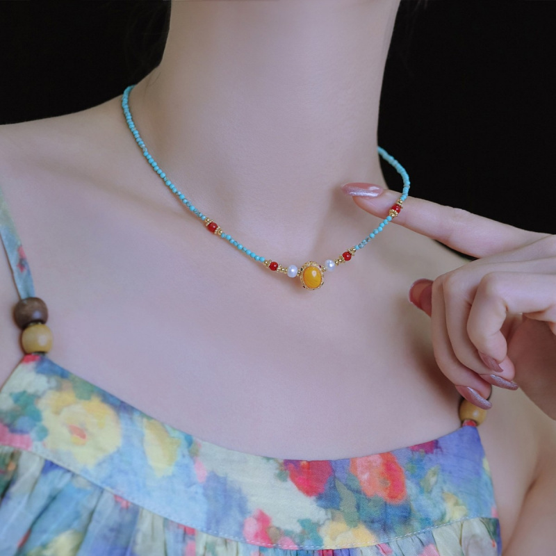 新着ヴィンテージブルーターコイズと蜜蝋天然淡水パール14Kゴ - Pearl Choker Necklace Vintage のレビューと価格