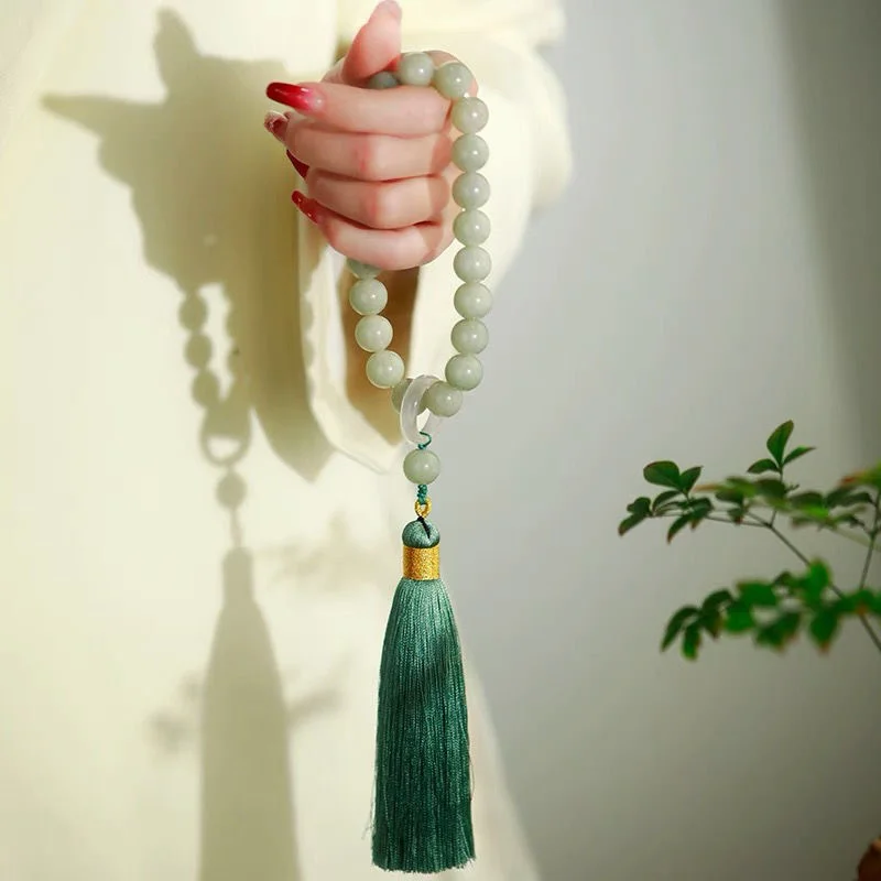 緑の翡翠石 12 ミリメートルビーズタッセルブレスレットネッ - Necklaces のレビューと価格